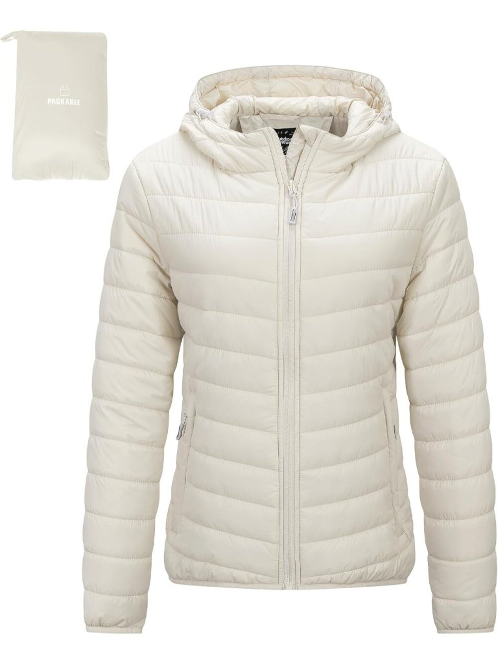 Womens Cream Solid Packable Hooded Full-Zip Warm Winter Quilted Puffer Jacket